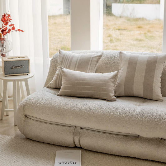 Beige Linen Cushion Cover with Wide Stripes, Natural Elegance for Sofas and Beds.