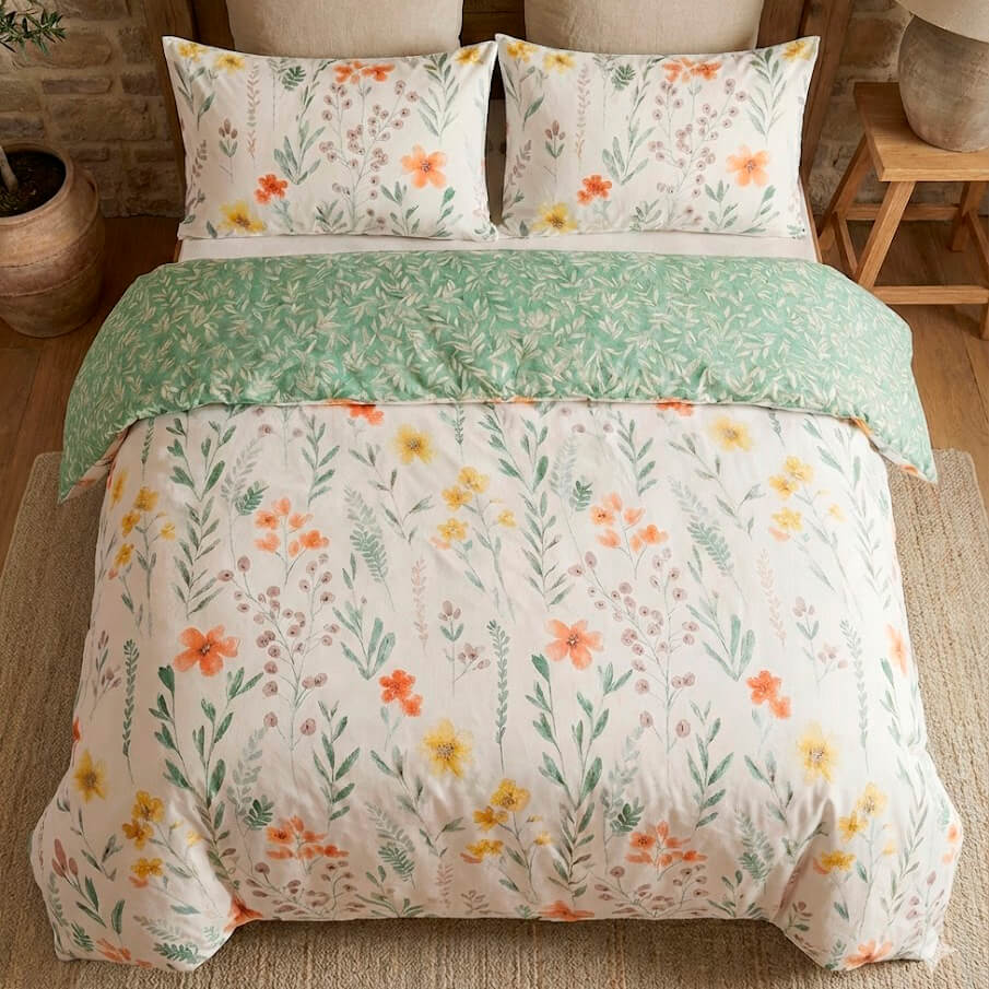 Conjunto de cama completo con fundas de almohada florales y nórdico a juego.