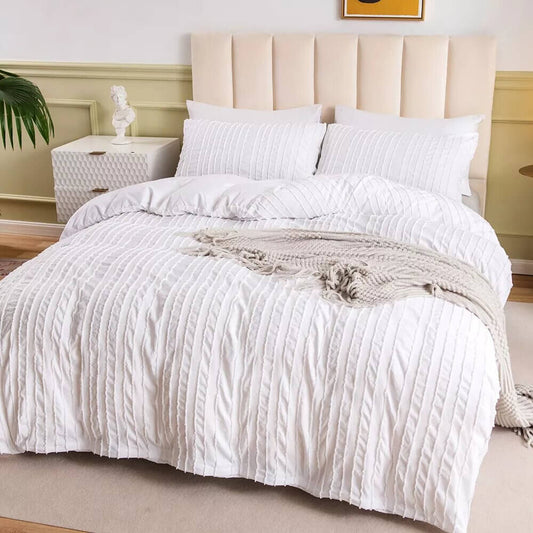White Duvet Cover with raised stripes, extra soft microfiber.