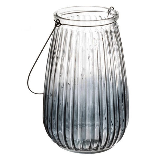 Portavelas alto de vidrio y asa metálica. Color Gris Azulado. Altura 29cm. - Oma Home