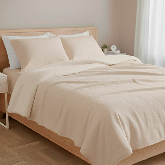 Edredón borreguito beige reversible extra suave, termosellado con cara de borreguito, relleno 430 g/m², incluye fundas de almohada, ideal para invierno y entretiempo.