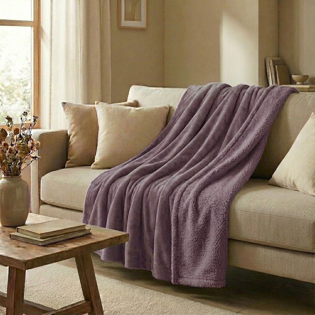 Manta borreguito reversible color lila malva, con cara polar suave y borreguito del mismo color, disponible en 150x200 y 200x230 cm.