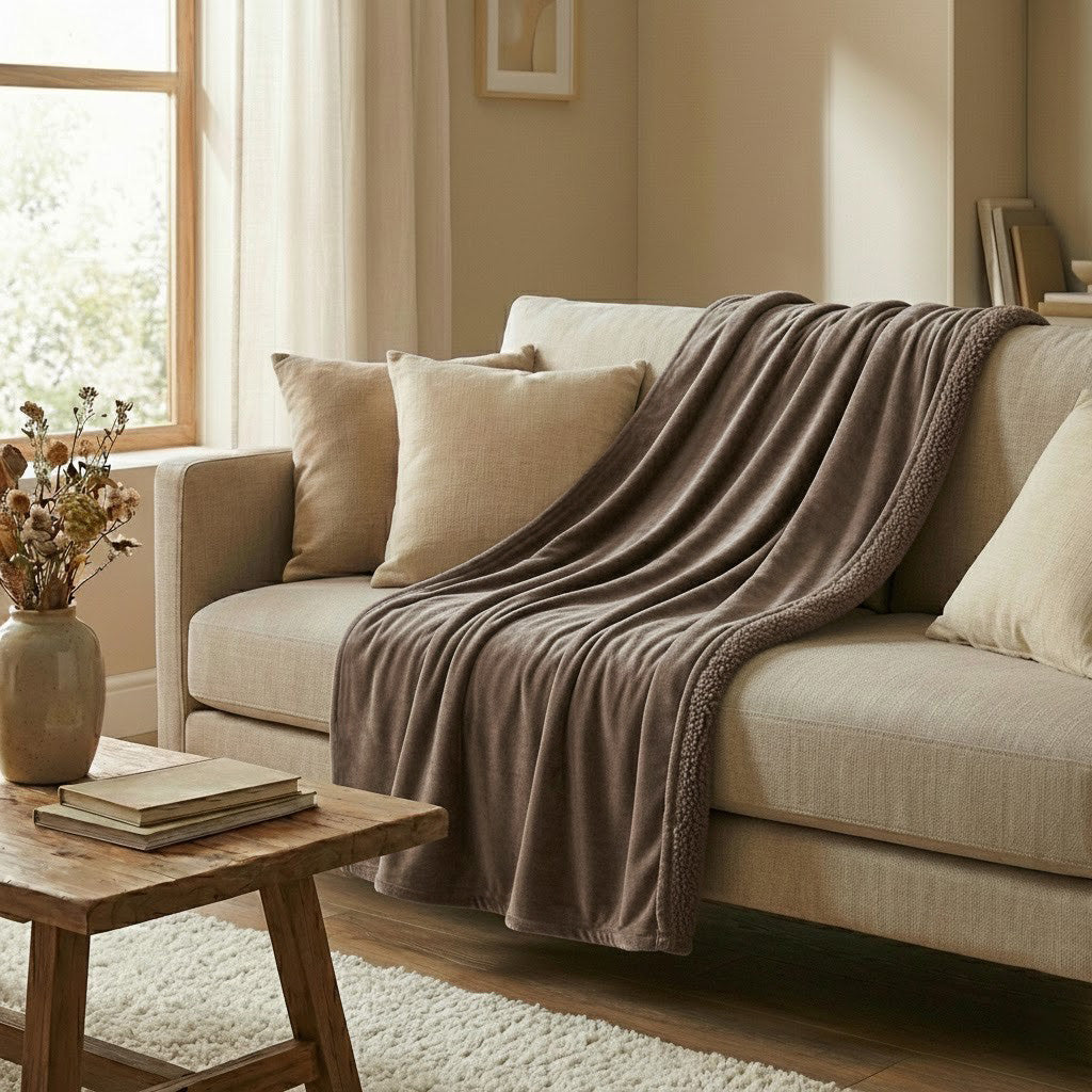 Manta borreguito reversible color visón, con cara polar suave y borreguito del mismo color, disponible en 150x200 y 200x230 cm.